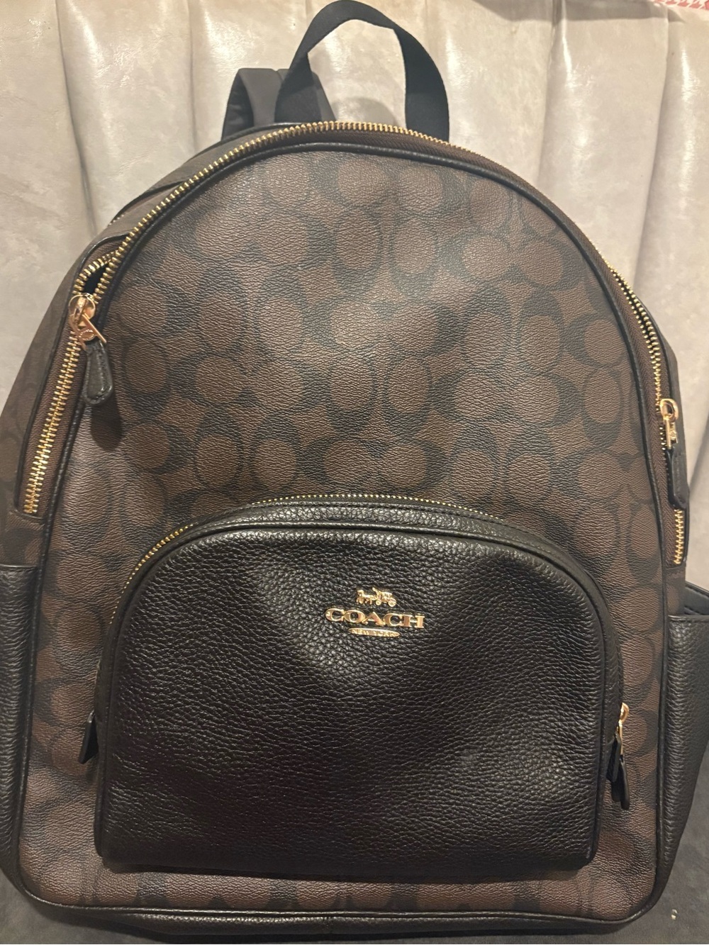 Coach Brown Signature Backpack with Black Front Pocket and Gold Hardware